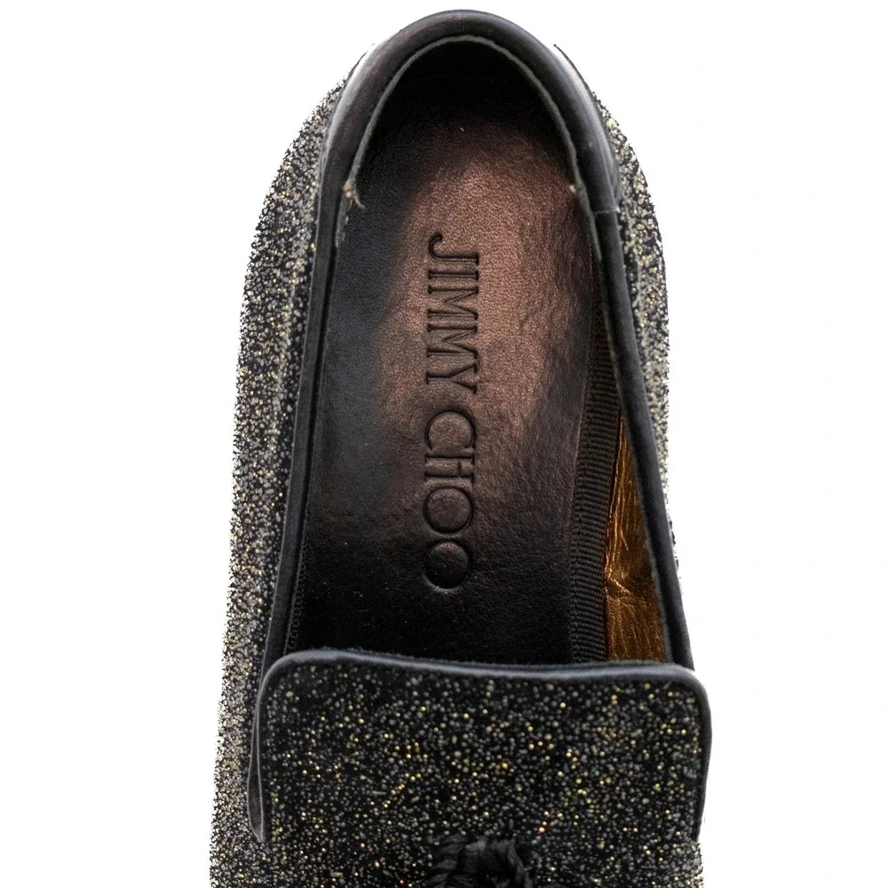 Jimmy Choo Men's Foxley Black & Gold‎ Glitter Tassel Loafers Size EU 40.5 / US 8